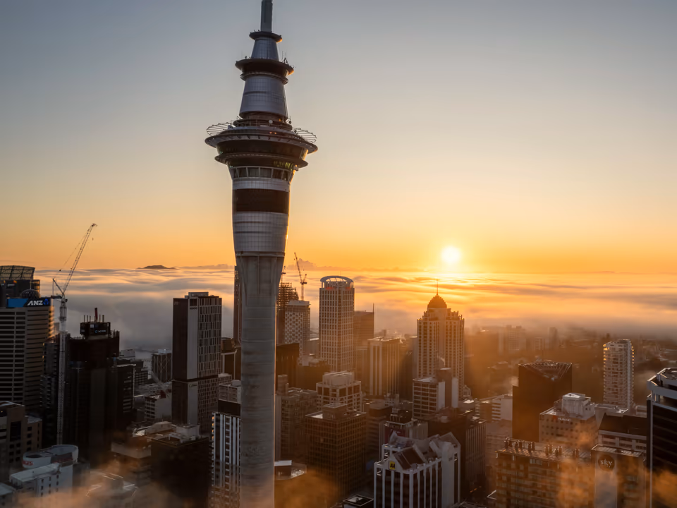 Auckland's Sky Tower above the city at sunset