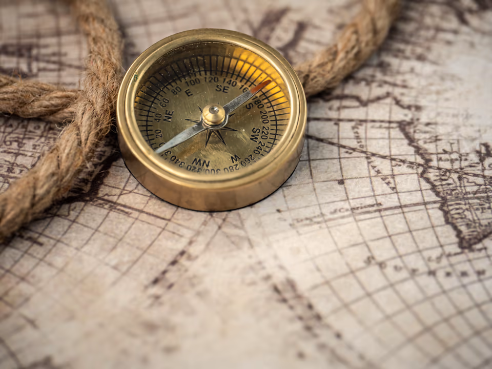 A brass compass and rope resting on an antique map