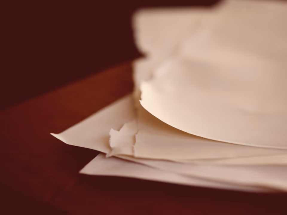 Layered sheets of paper curling in warm light